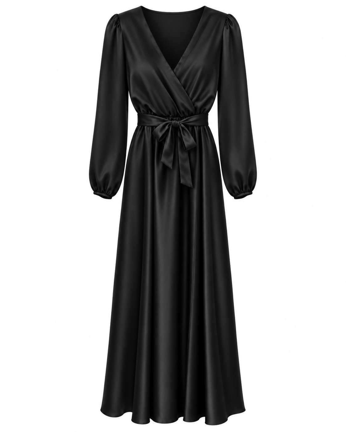Black Satin-Look Belted Maxi Dress