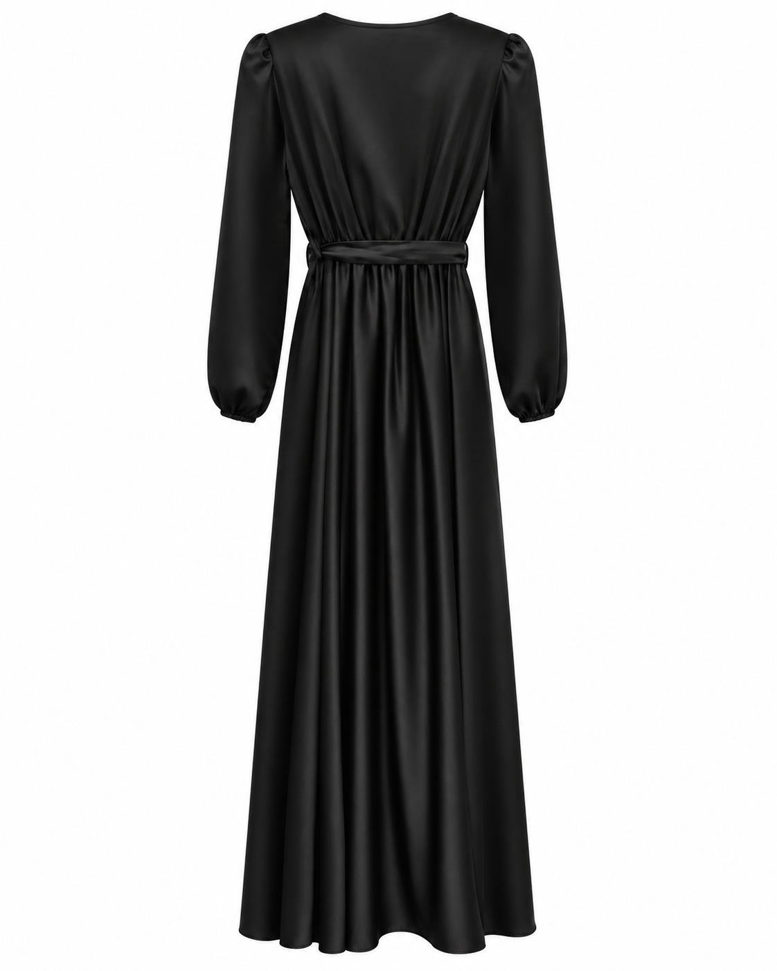 Black Satin-Look Belted Maxi Dress