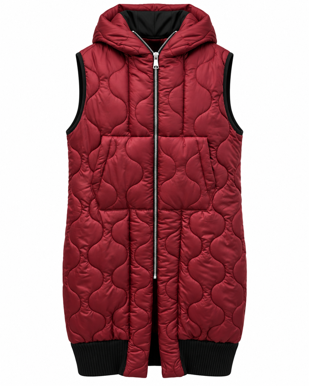 Burgundy Quilted Hooded Long Vest
