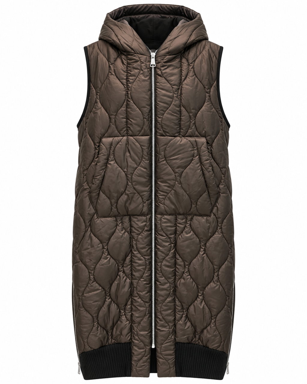 Brown Quilted Long Hooded Vest