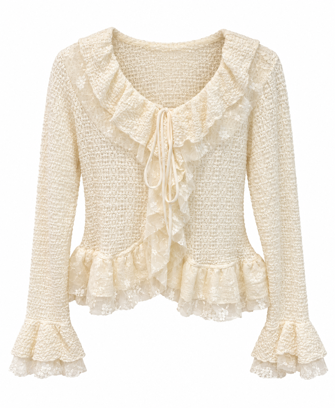 Lace Ruffle Tie-Front Blouse