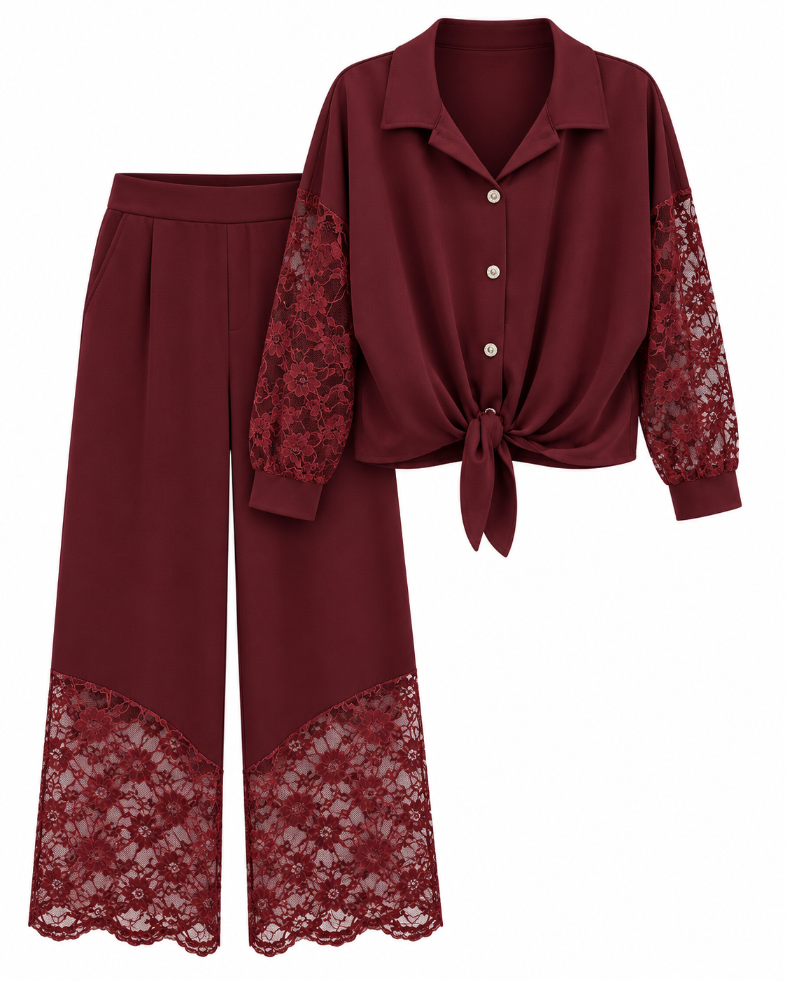 Burgundy Lace-Sleeve Set
