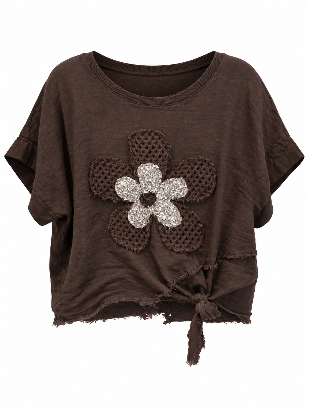 Linen flower appliqué tie-front top, front view
