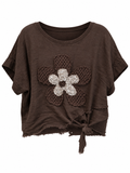 Linen flower appliqué tie-front top, front view