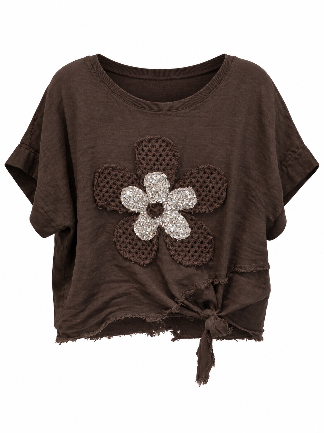 Linen flower appliqué tie-front top, front view