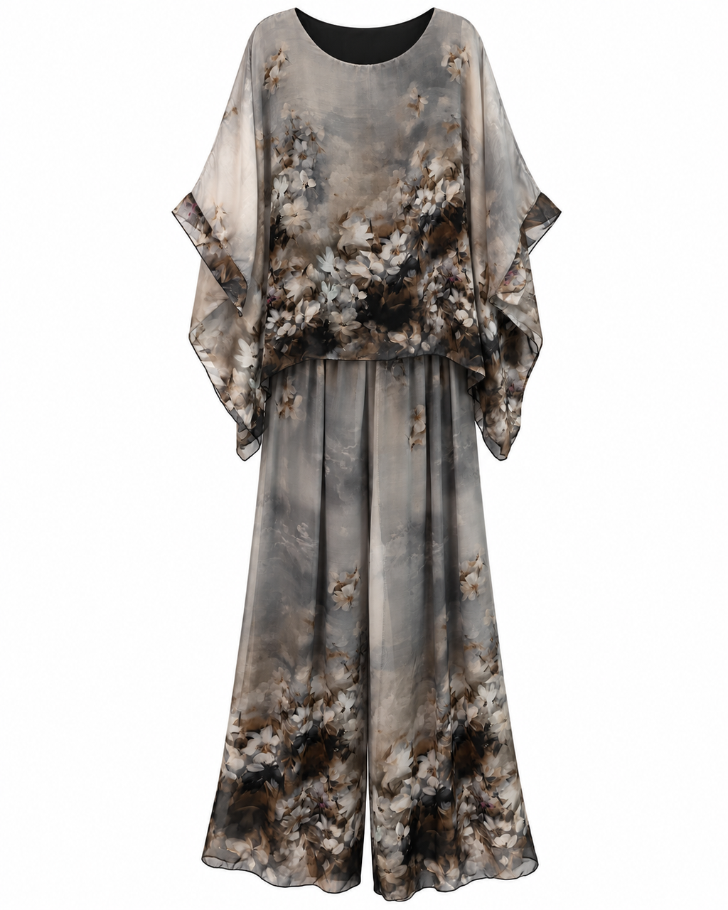 Smoky grey floral silk two-piece outfit