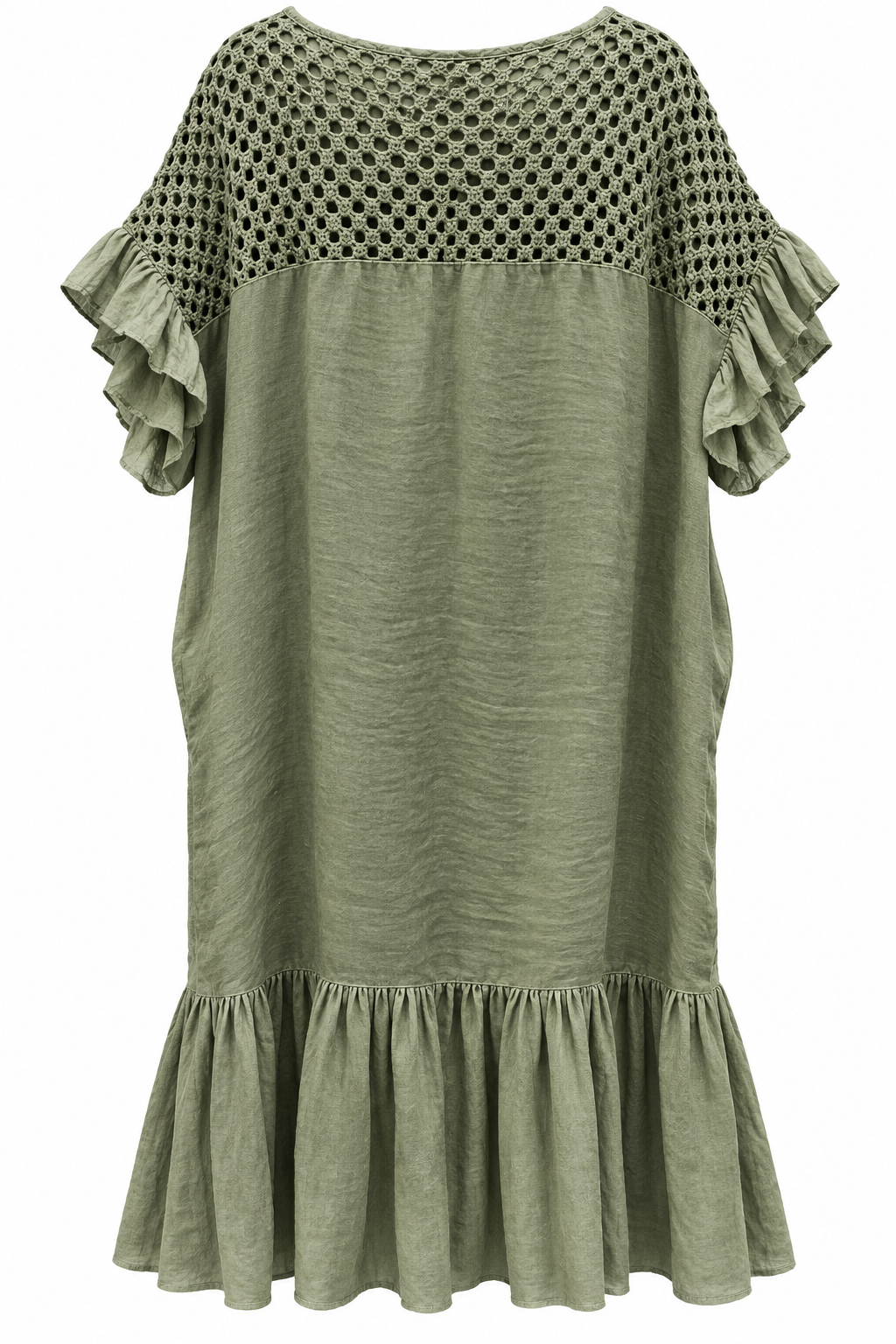 Khaki Linen Crochet Ruffle Dress