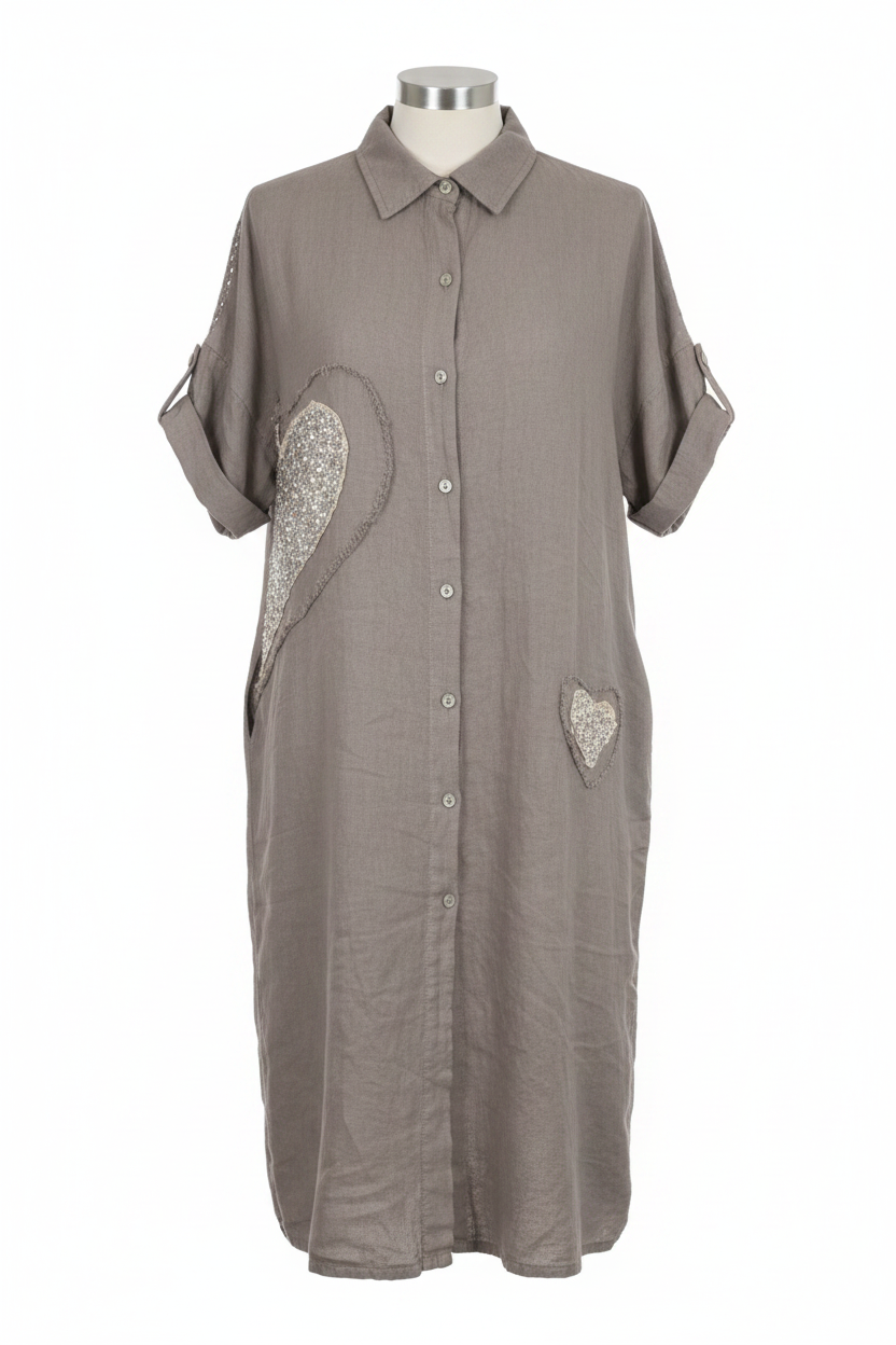 Taupe Linen Shirt Dress with Glitter Hearts