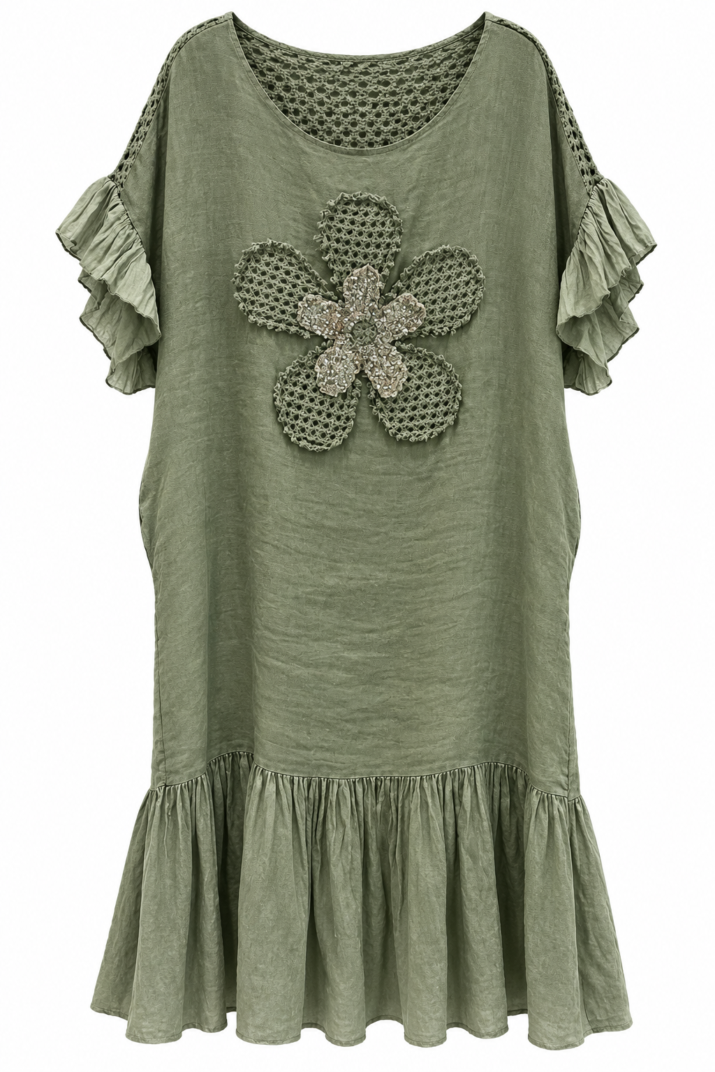 Khaki Linen Crochet Ruffle Dress