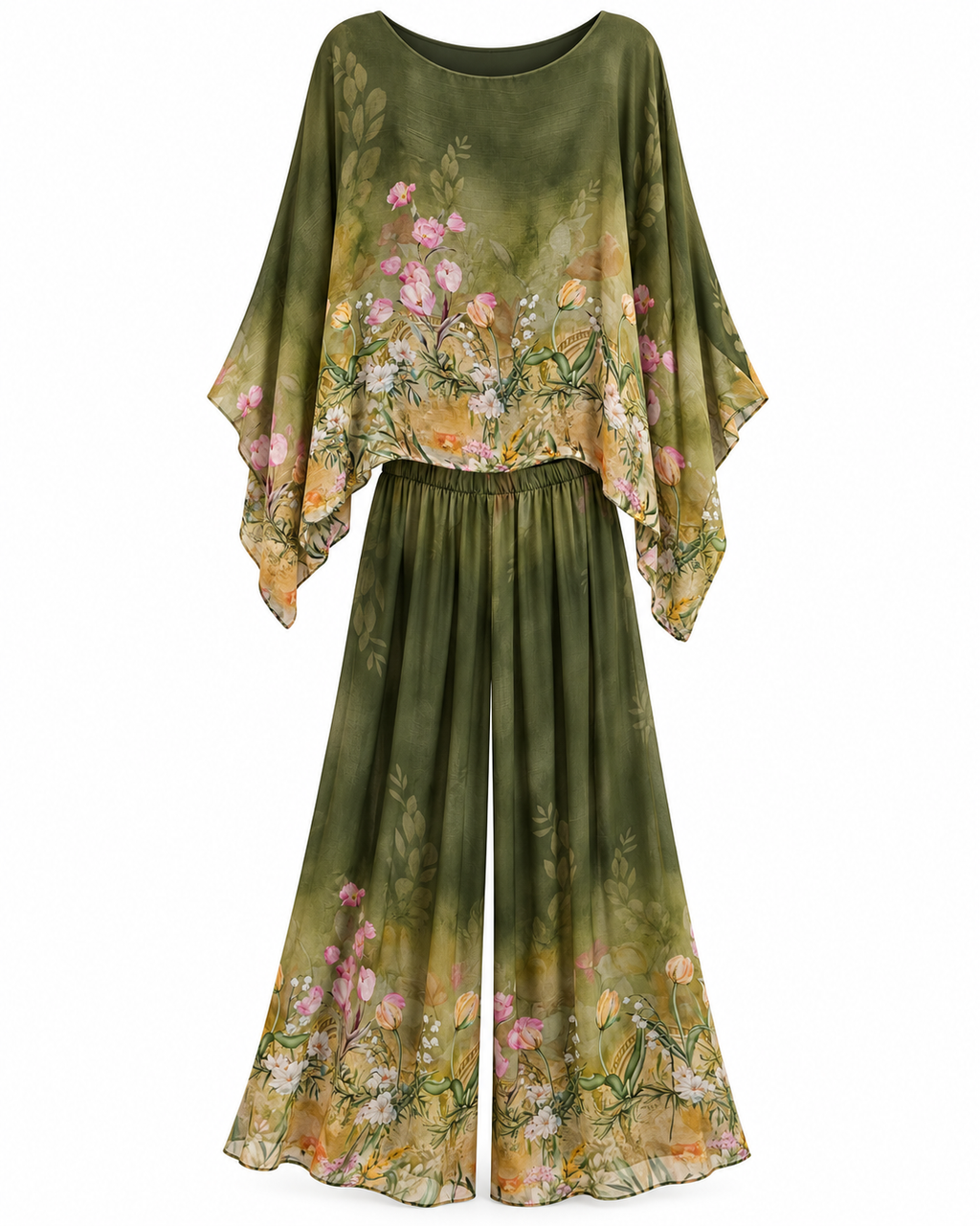 Olive floral two-piece matching outfit set