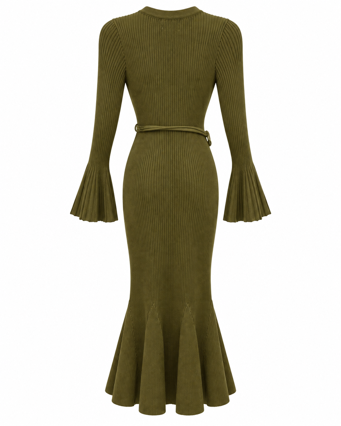 Olive Ribbed Knit Flared-Sleeve Dress