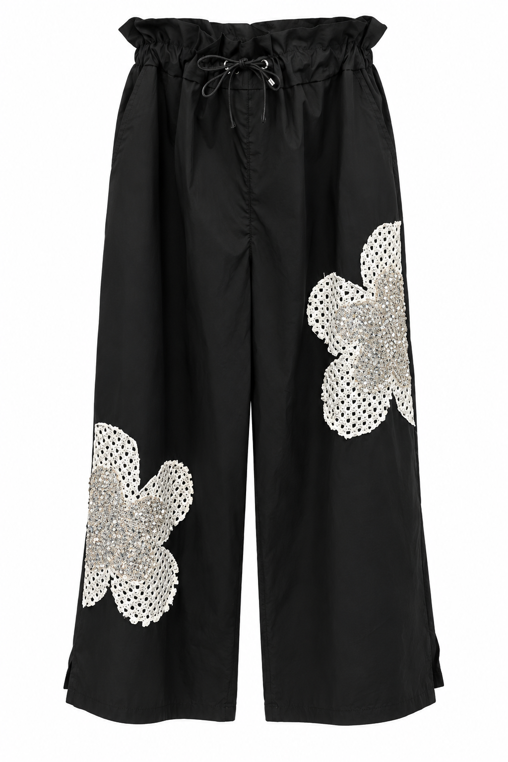 Black Wide-Leg Culottes with Crystal Floral Appliqué