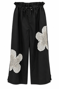 Black Wide-Leg Culottes with Crystal Floral Appliqué