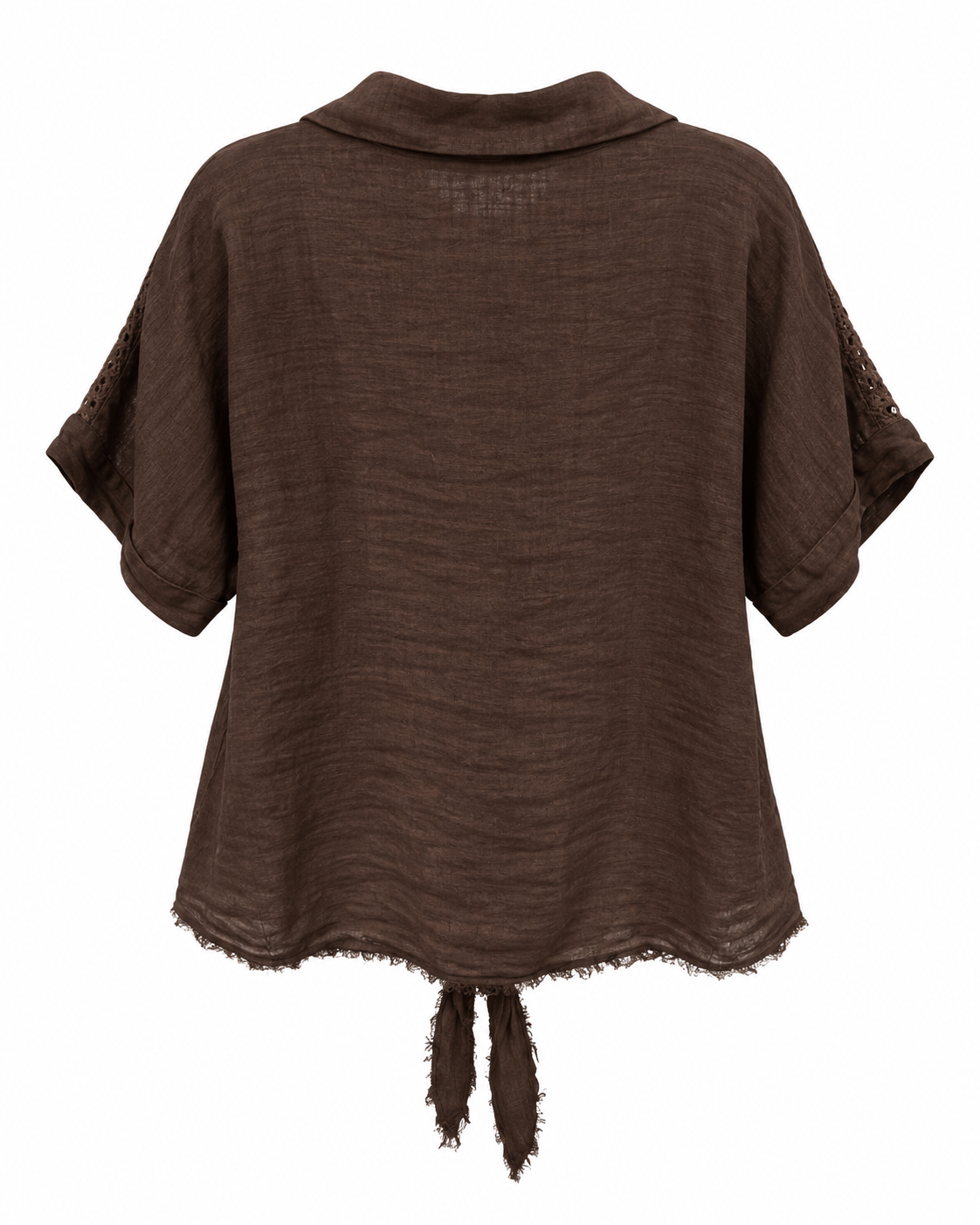 Chocolate Linen Lace-Detail Tie-Front Shirt