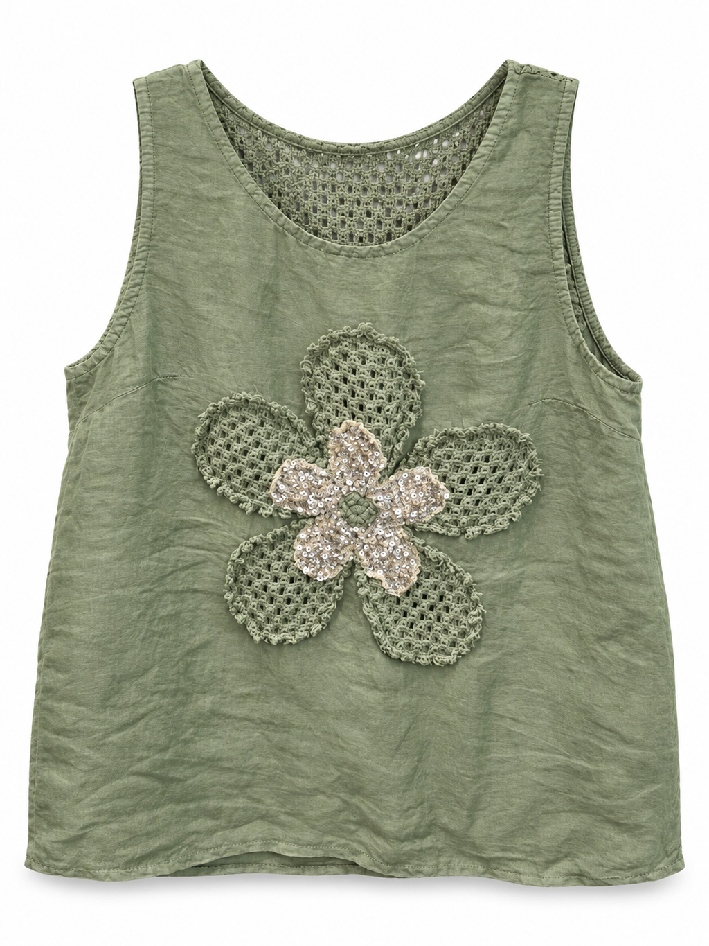 Sage Linen Crochet Flower Tank