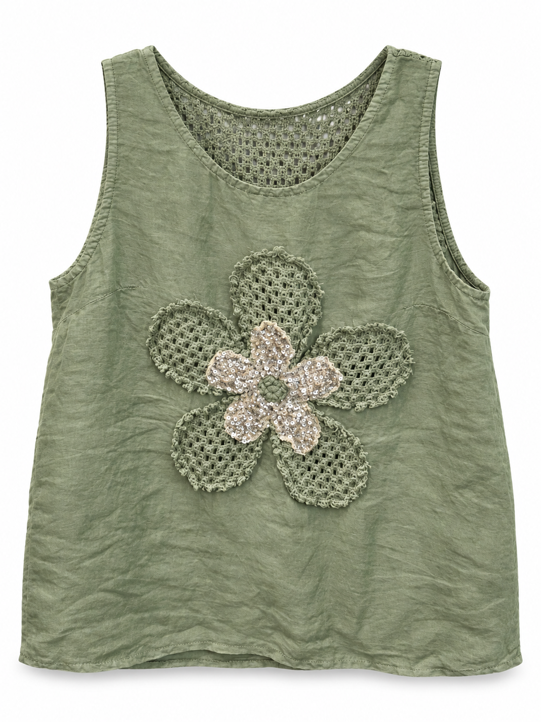 Sage Linen Crochet Flower Tank