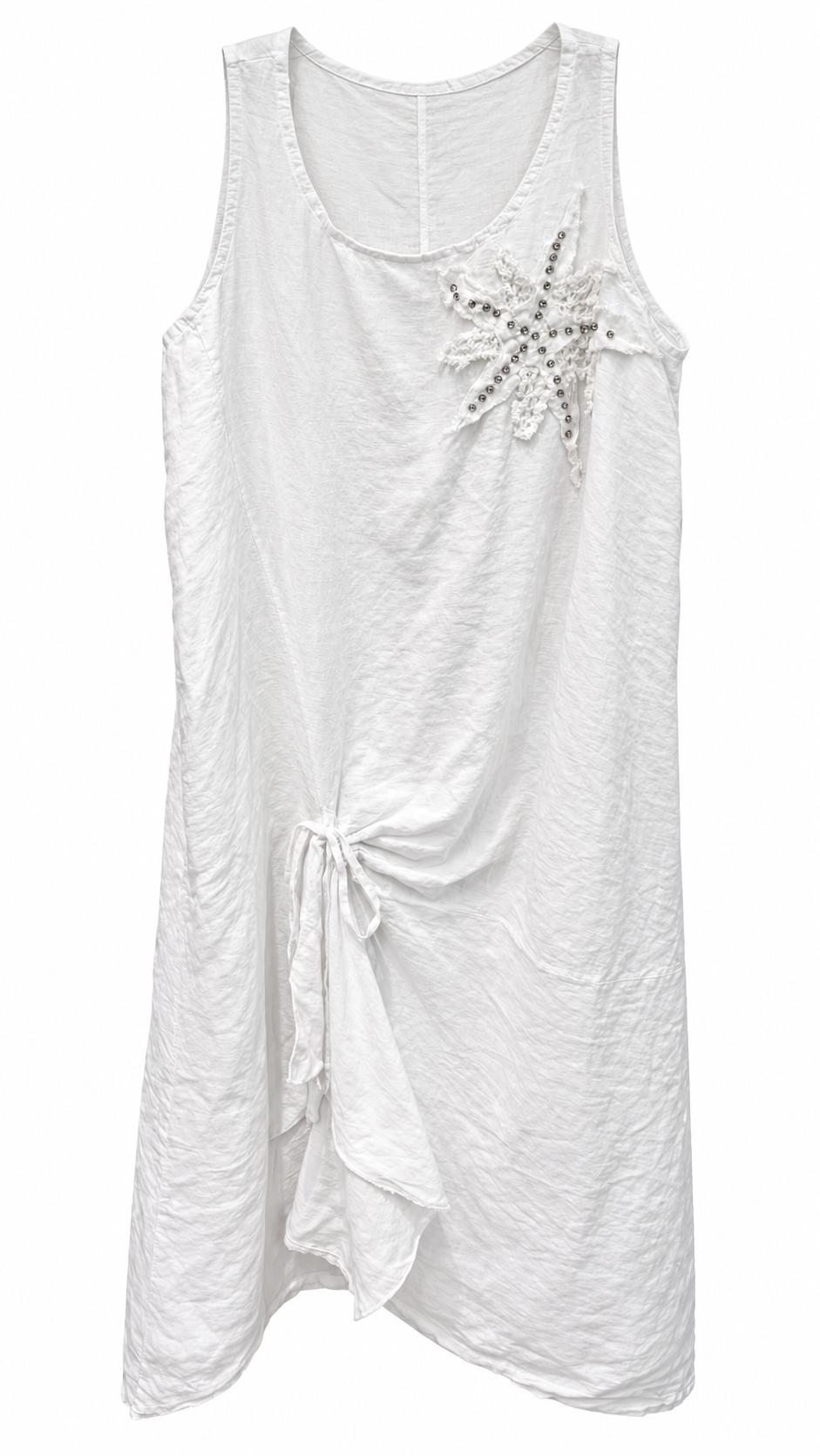 White Linen Crystal Crochet Star Appliqué Side-Tie Midi Dress
