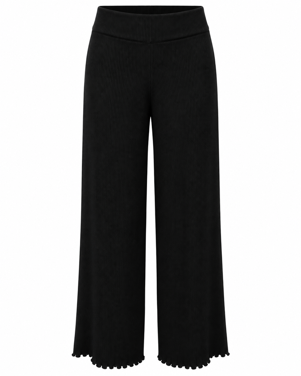 Black ribbed heart-button top and wide-leg trousers styled together