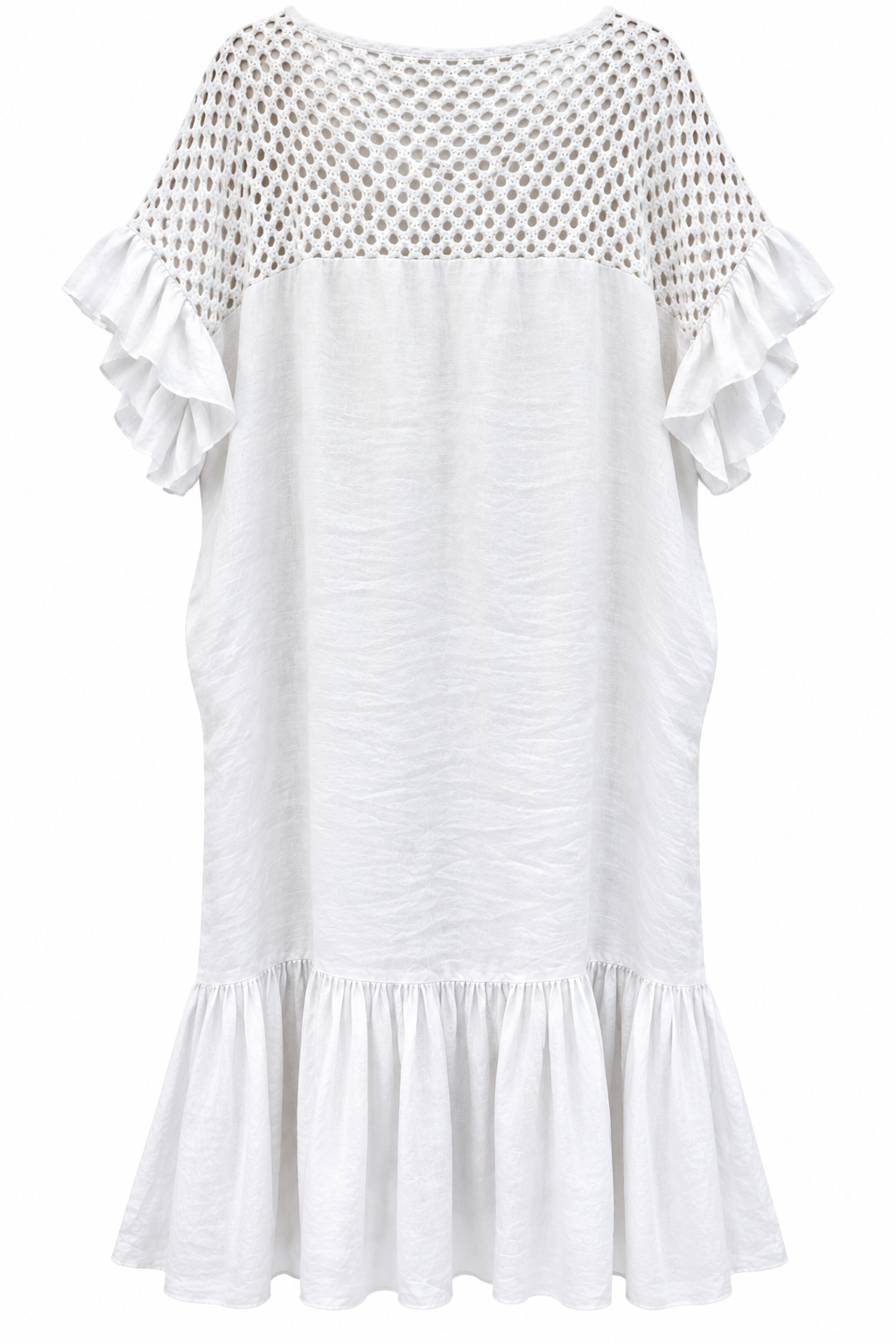 White Linen Crochet Ruffle Dress