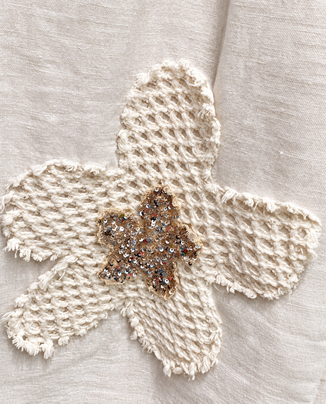 Ivory Linen Wide-Leg Pants with Floral Appliqué