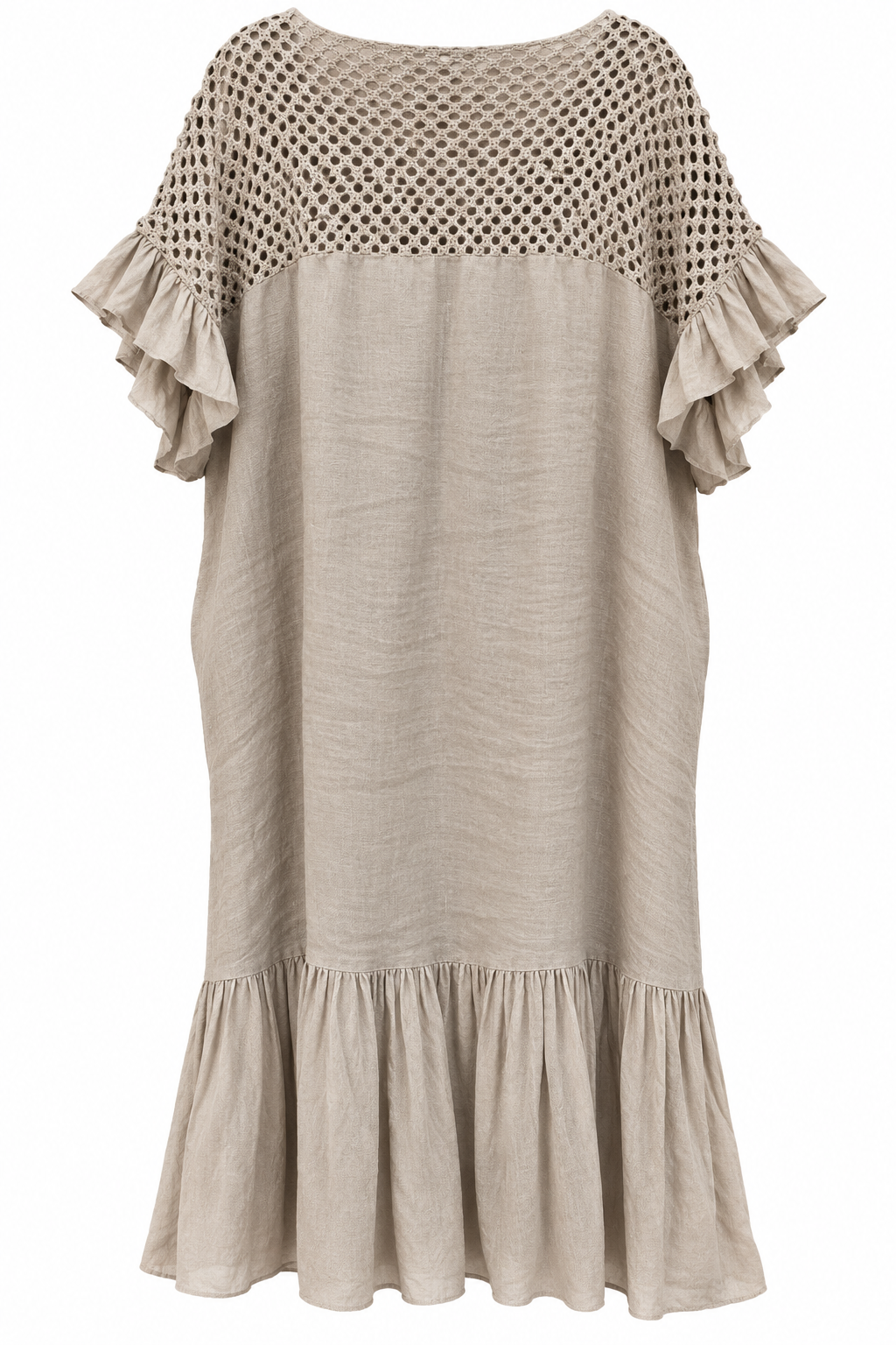 Natural Linen Crochet Ruffle Dress