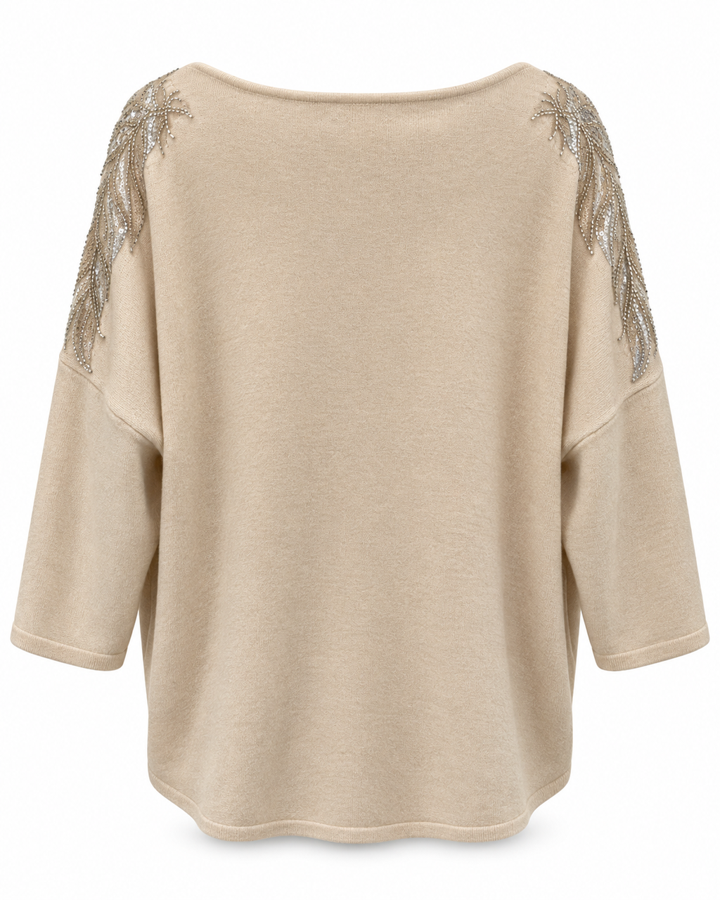 Beige Embellished Shoulder V-Neck Sweater