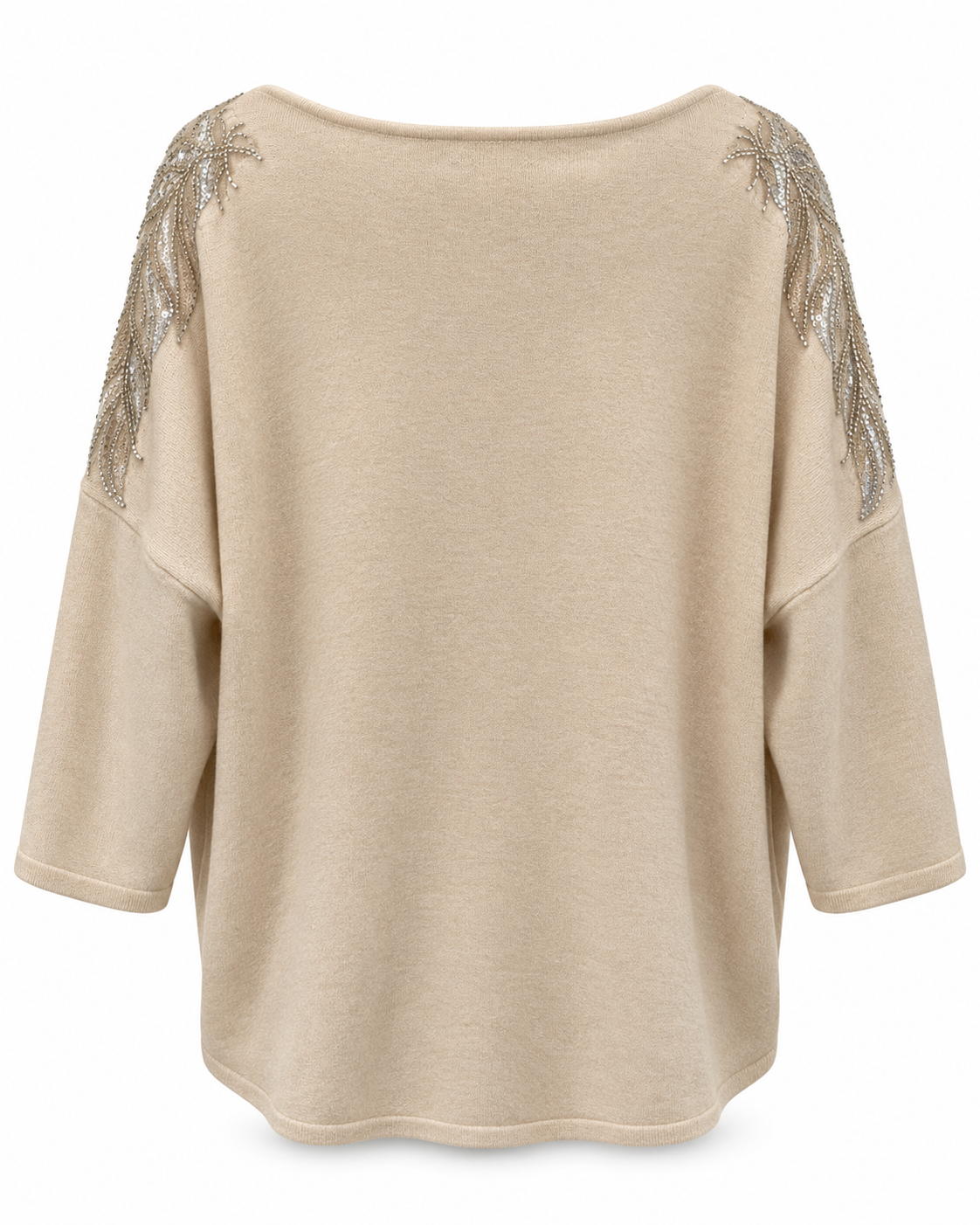 Beige Embellished Shoulder V-Neck Sweater