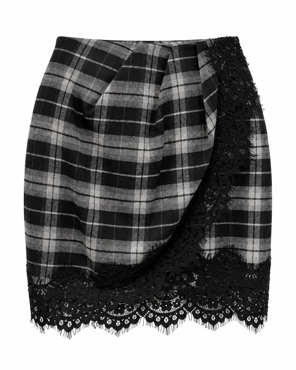 Plaid wrap mini skirt with black lace hem, back view
