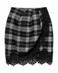 Plaid wrap mini skirt with black lace hem, back view