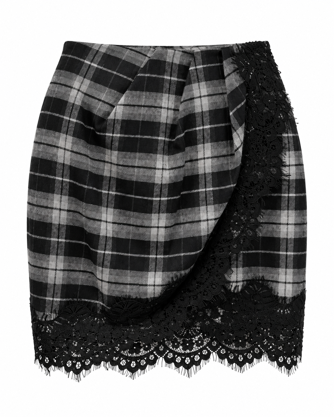 Plaid wrap mini skirt with black lace hem, back view