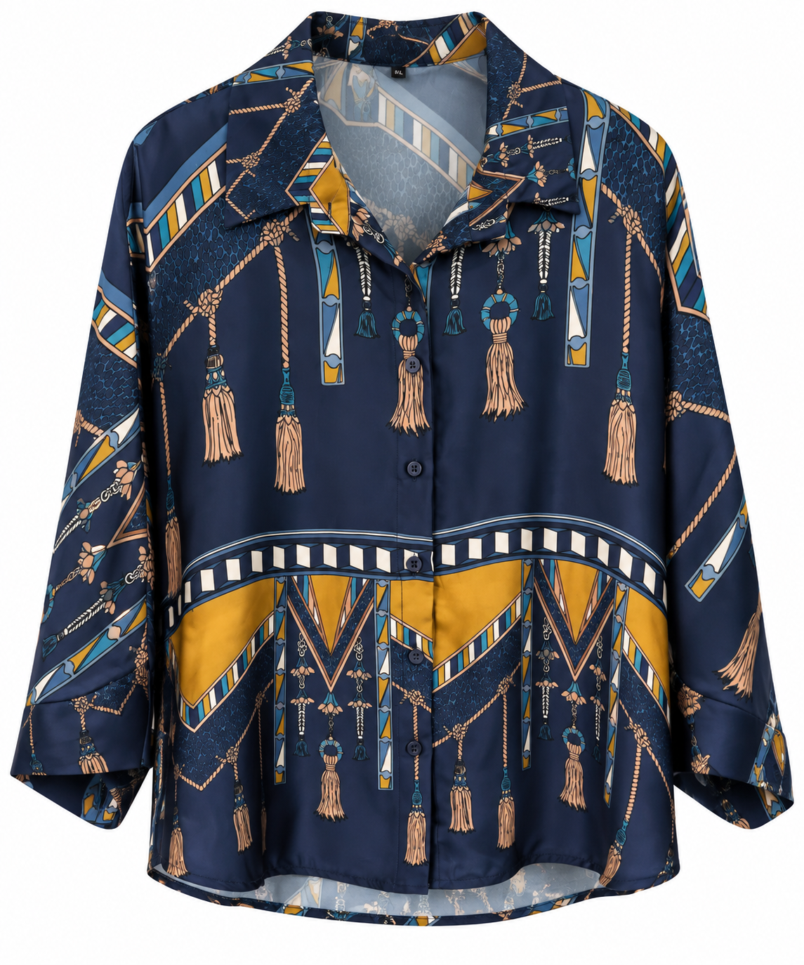 Navy Blue Tassel Print Wide-Leg Pants & Shirt Co-ord Set