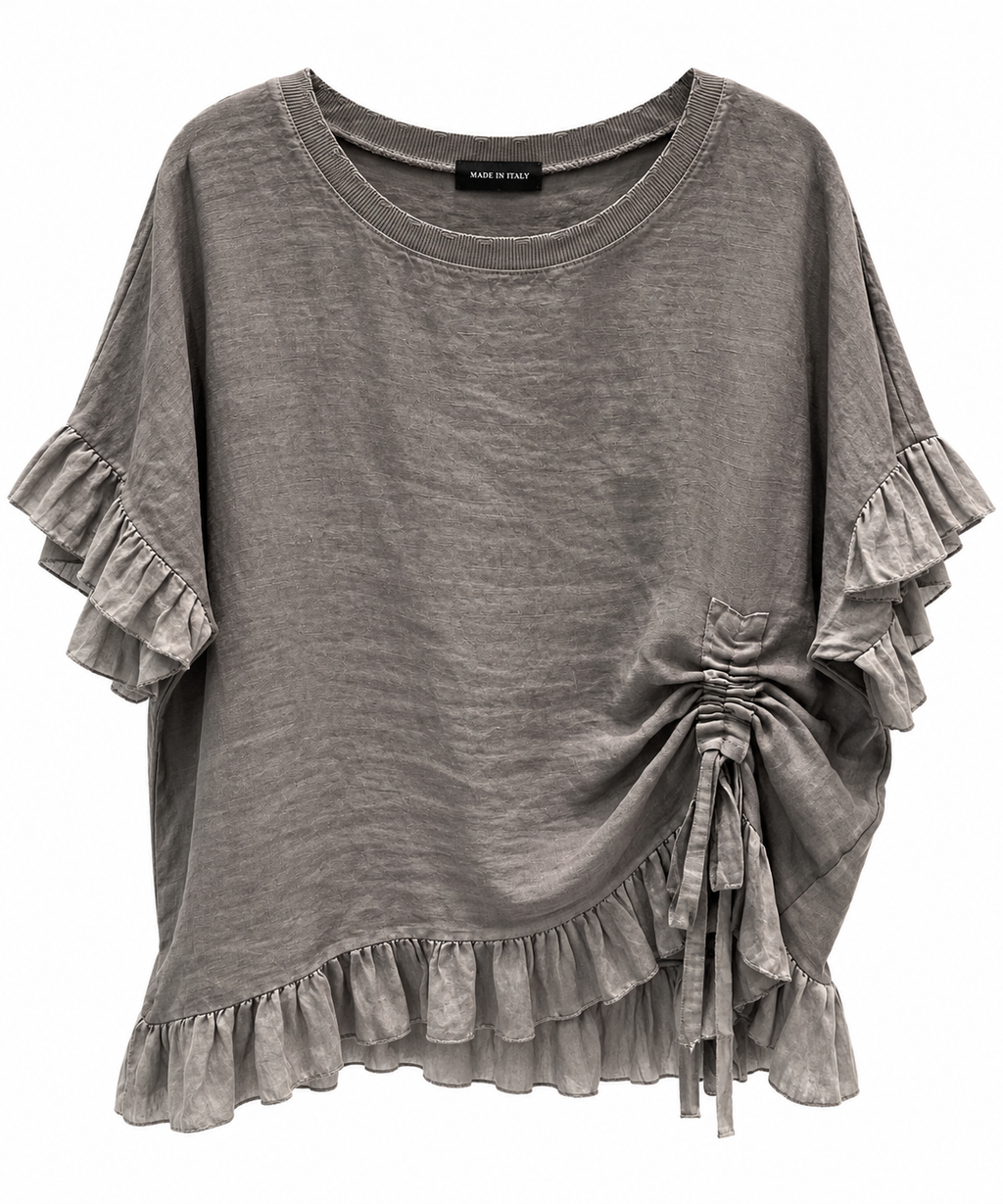 Elegant Taupe Linen Ruffle Top