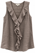 Back view of taupe linen top with floral lace panel and peter pan collar