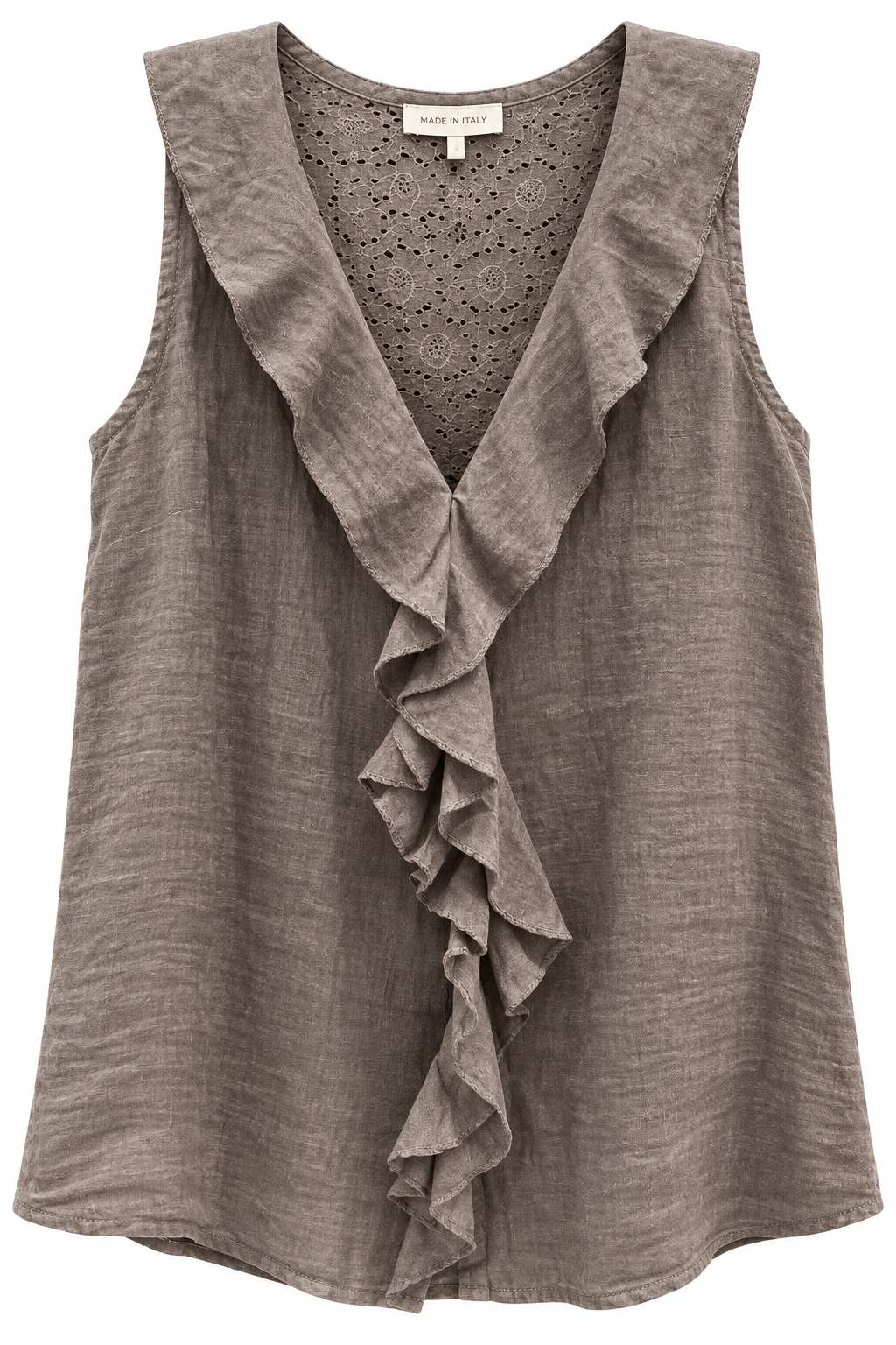 Back view of taupe linen top with floral lace panel and peter pan collar