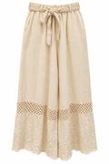 Beige Linen Lace-Trim Wide-Leg Pants