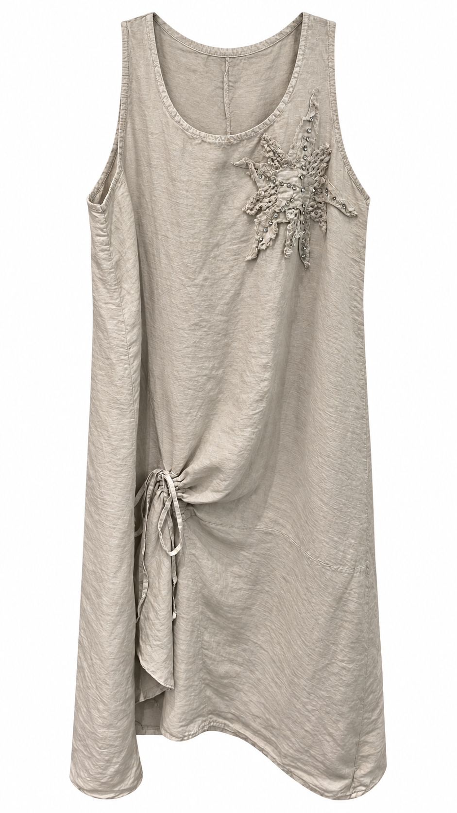 Silver Beige Linen Crystal Crochet Star Appliqué Side-Tie Midi Dress