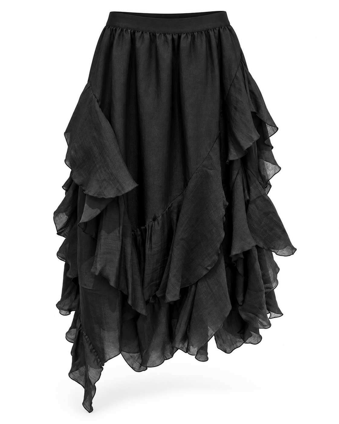 Black Asymmetric Ruffle Midi Skirt