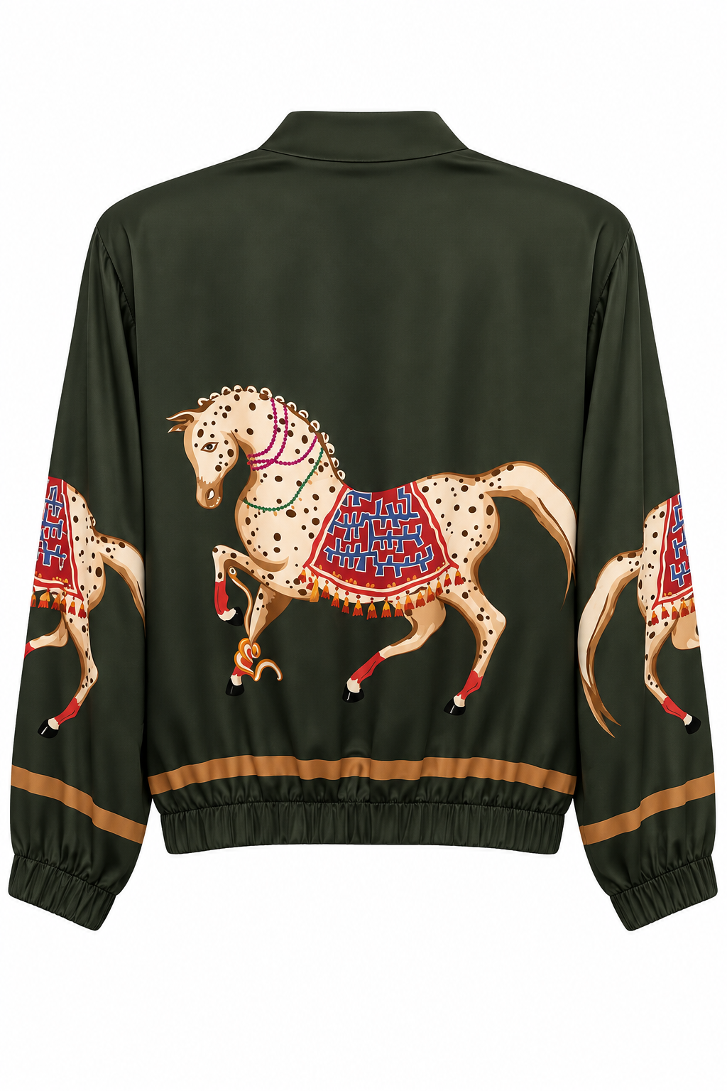 Deep green satin bomber jacket with horse print - front view