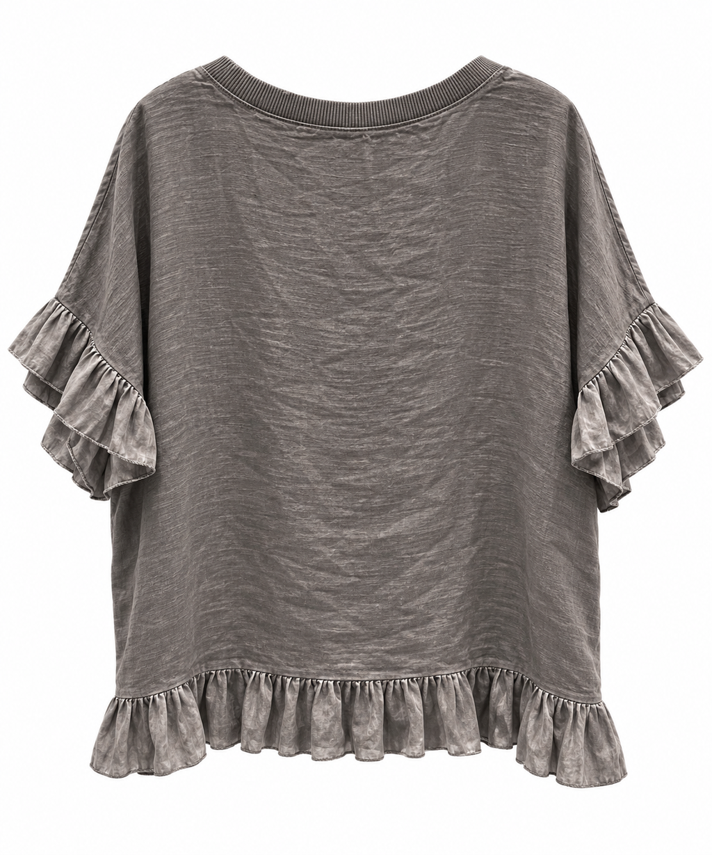 Elegant Taupe Linen Ruffle Top
