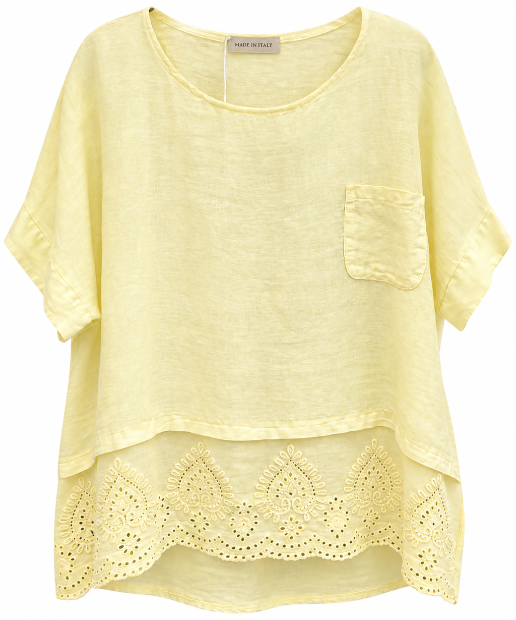 Sunshine Yellow Italian Linen Eyelet Top