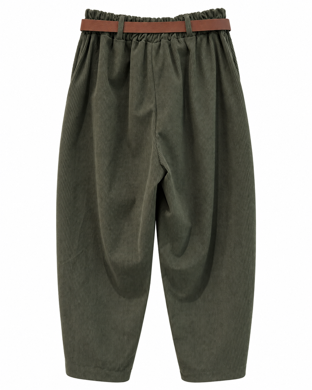 Olive Corduroy Belted Barrel Trousers