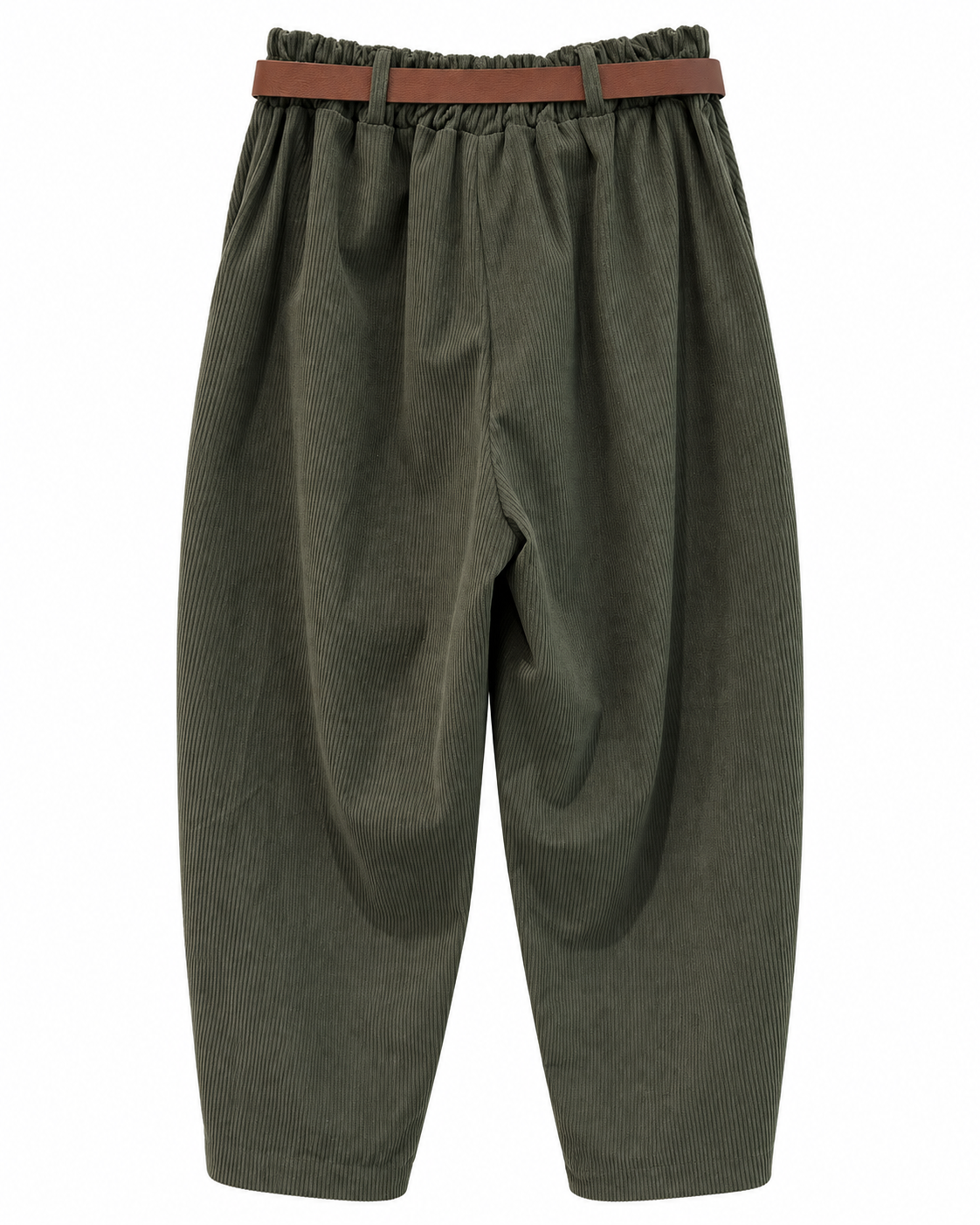 Olive Corduroy Belted Barrel Trousers