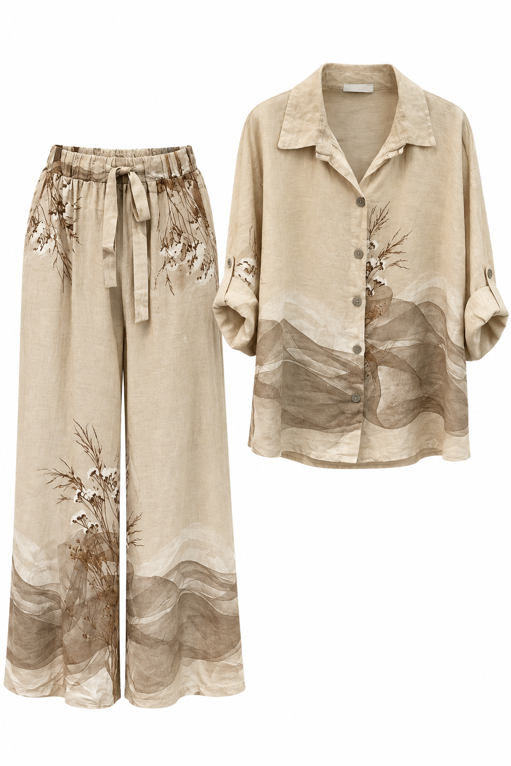 Elegant Beige Botanical Linen Co-Ord Set