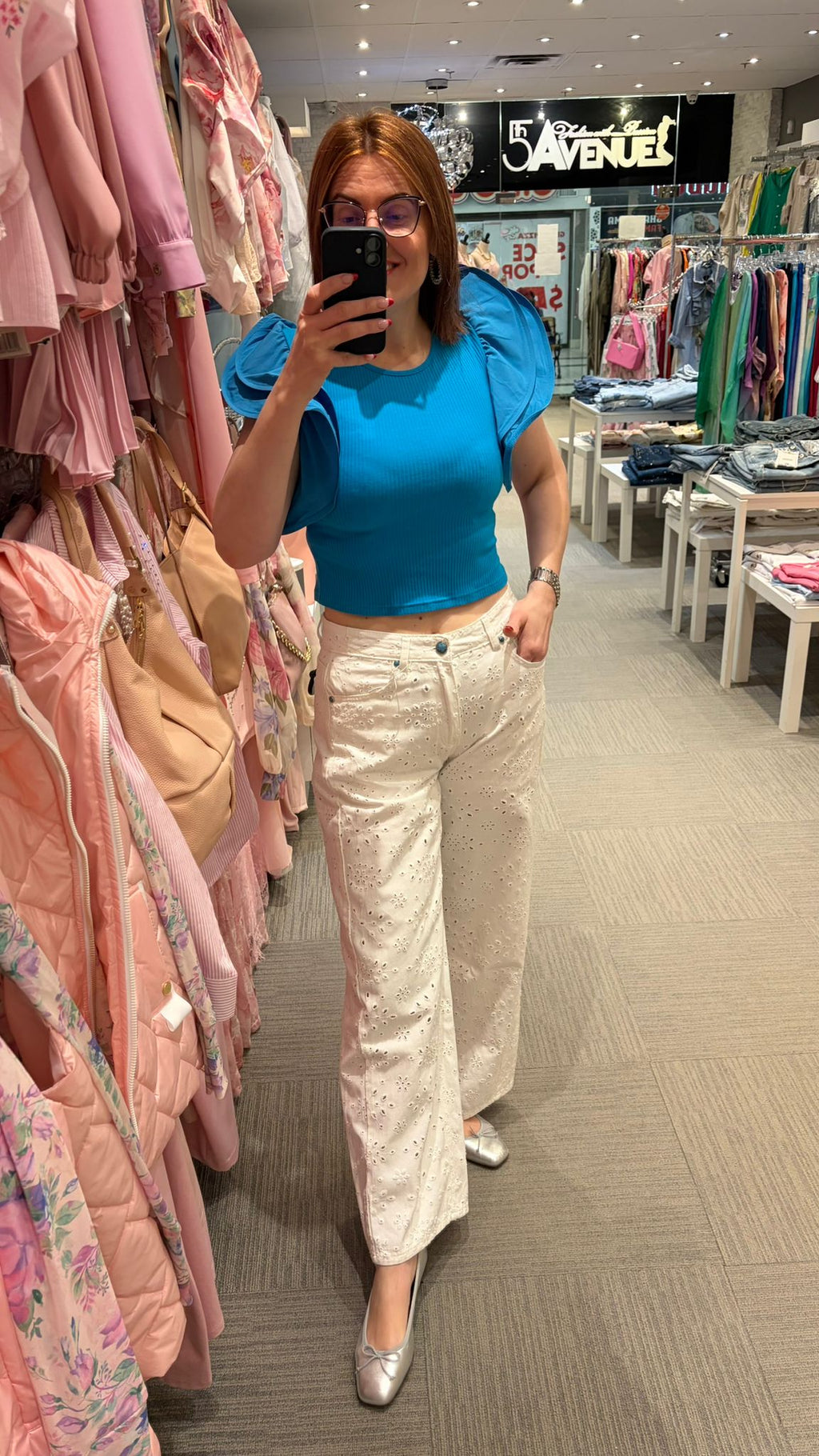 Blue Cropped Puff-Sleeve Blouse one size fits S/M
