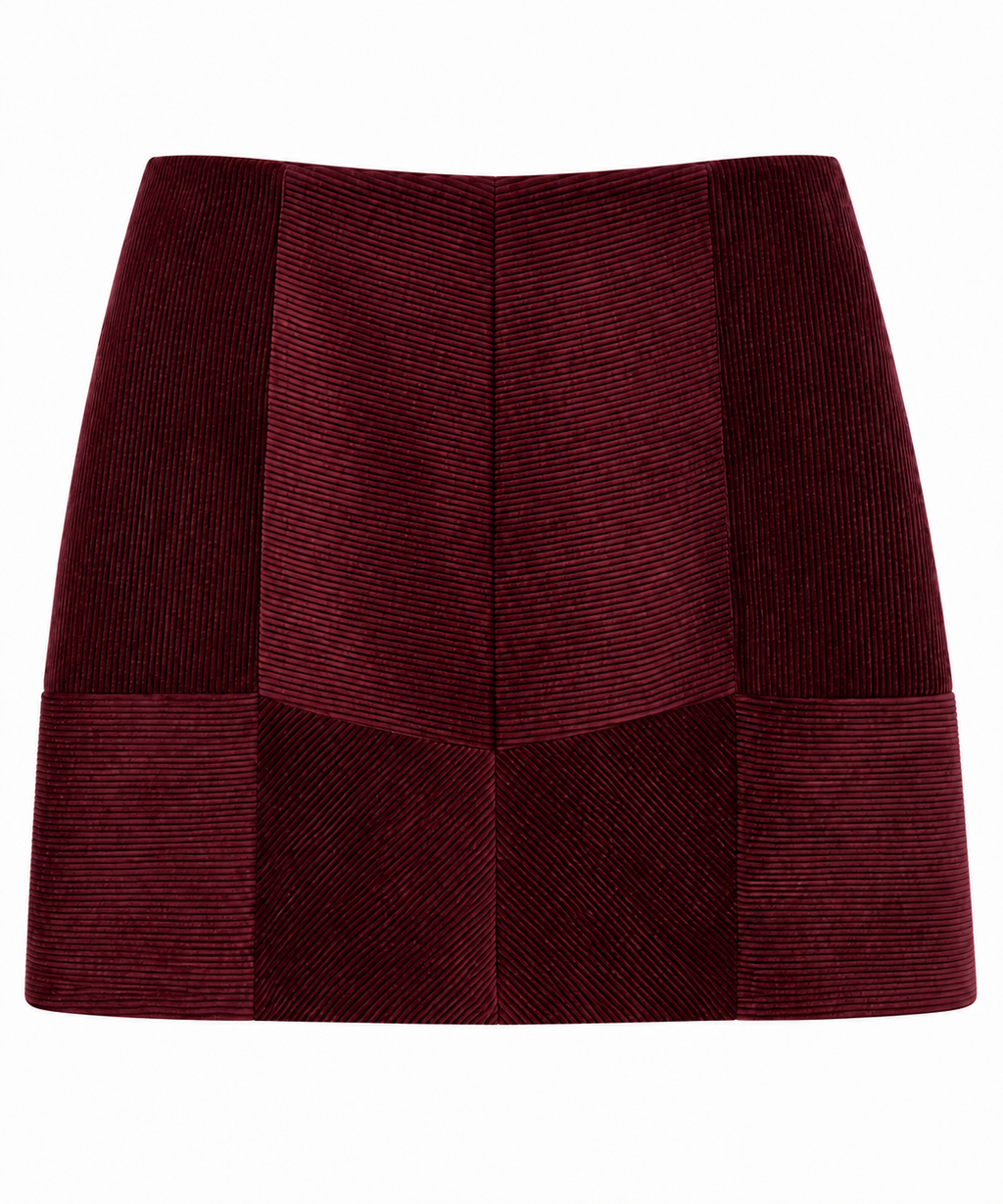 Burgundy corduroy mini skirt front view