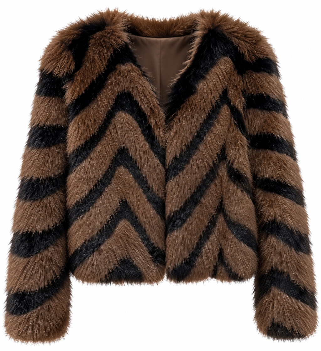 Brown Chevron Faux Fur Jacket