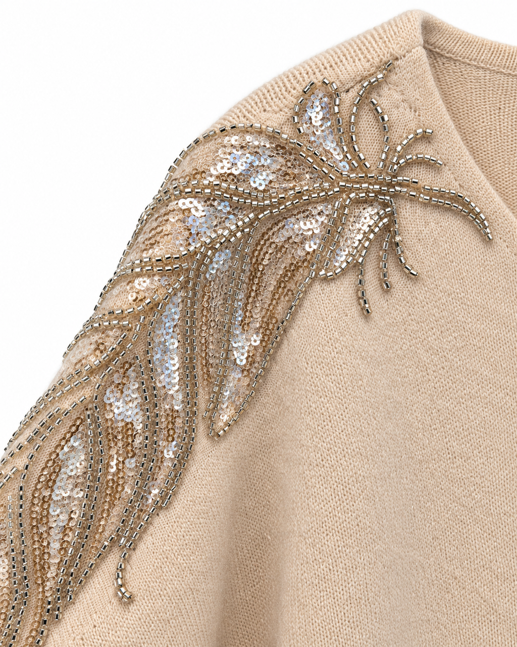 Beige Embellished Shoulder V-Neck Sweater