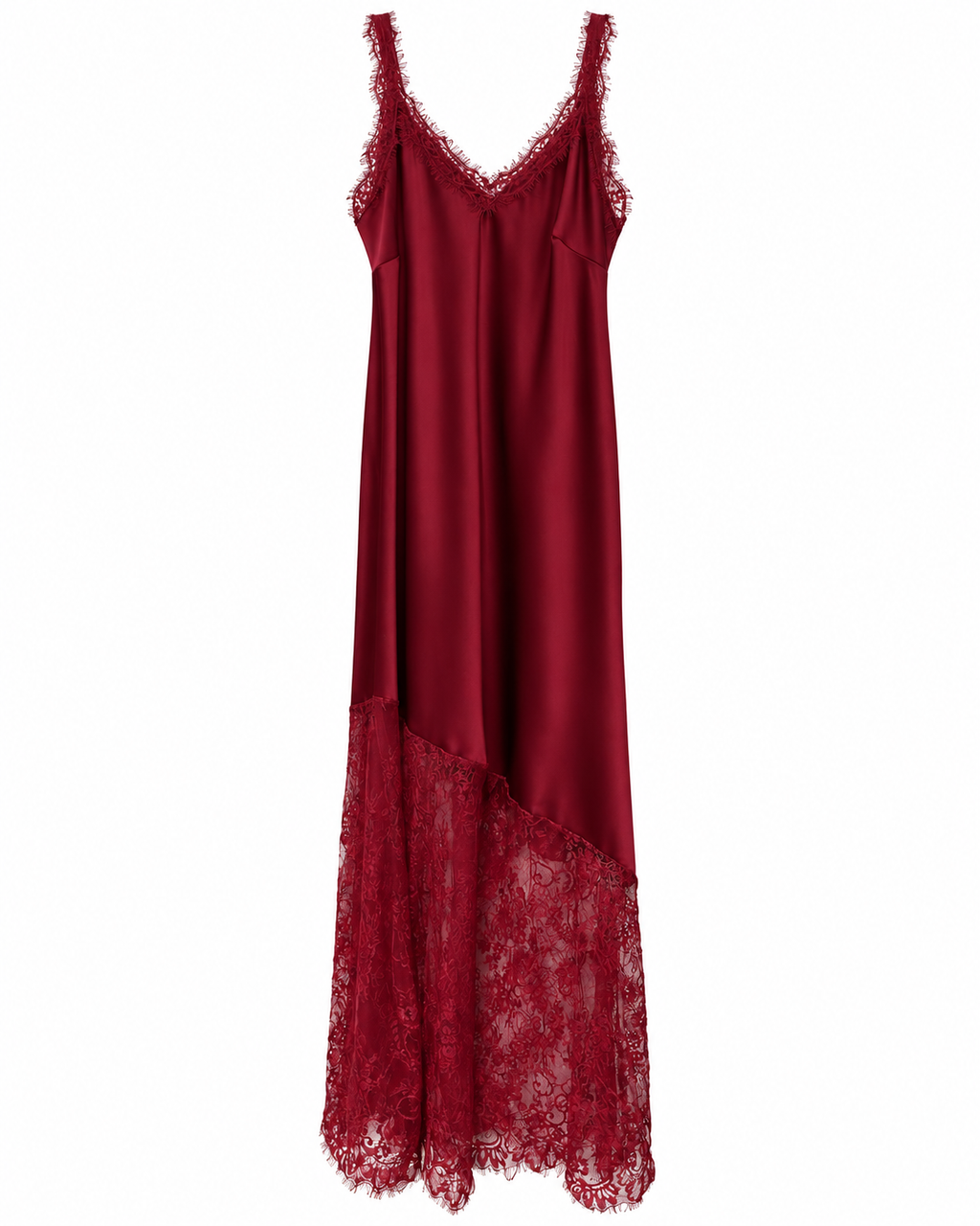 Burgundy Satin Lace-Trim Slip Dress
