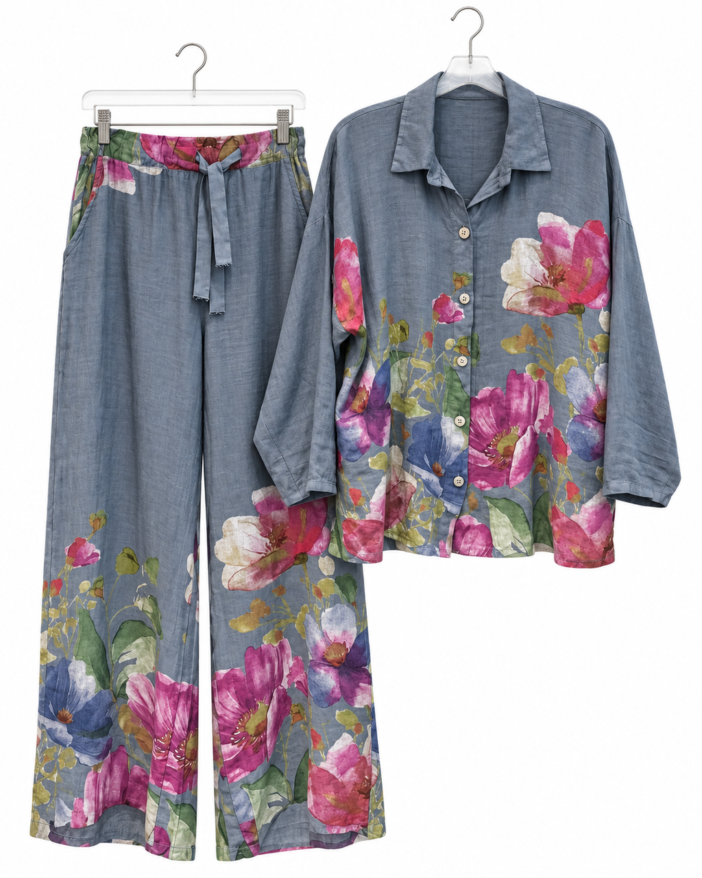 Italian Linen Floral Shirt & Wide-Leg Trousers Set – Puro Lino