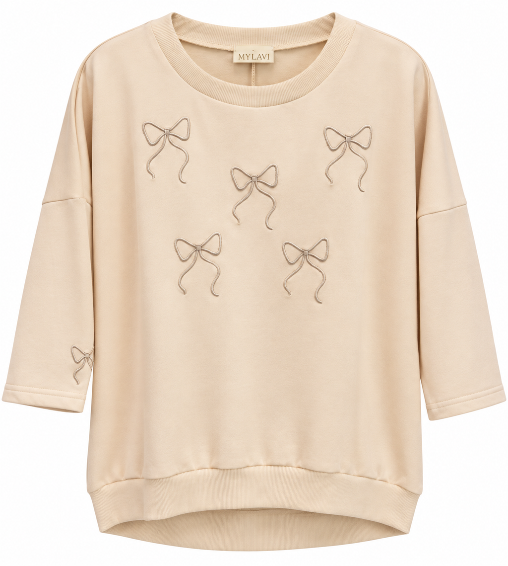Beige Bow-Embroidered Sweatshirt